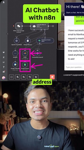 Manthan Patel | Lead Gen Man on Instagram: "Want to embed a chatbot directly into your website without any coding? 💡 Here’s how I integrated my AI chatbot with n8n, complete with brand-specific colors and context from my VectorStore. From booking appointments on Google Calendar to capturing leads in Google Sheets, it’s all automated! That’s how we can embed your n8n chatbots into your funnel or into your site without being a single penny to Voiceflow, Botpress, or any other chatbot builders. If