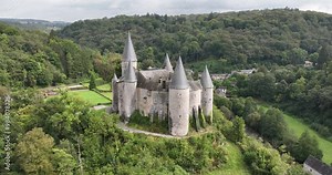 The Chateau de Veves castle, Houyet in the Belgian province of Namur. Aerial drone video.