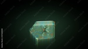 3d rendering glowing hologram of symbol of backspace button with cross distorted glitch green old tv screen on black background