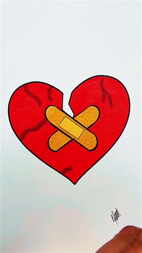 How to Draw a Broken Heart with Bandages Step by Step