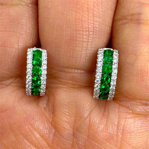 Green Emerald Earrings, Natural Emerald and Diamond Earrings, Emerald Huggie Earrings, Emerald Diamond Earrings 18K White Gold - Etsy