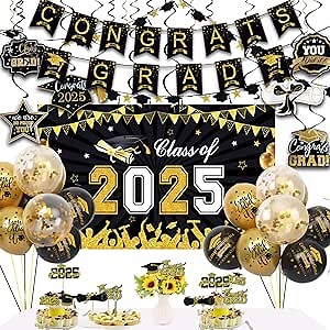 Graduation Decorations 2026 Set include Class of 2026 Backdrop, Congrats Grad Banner, Balloons and Cupcake Toppers for 2026 Balloons Graduation Party Supplies