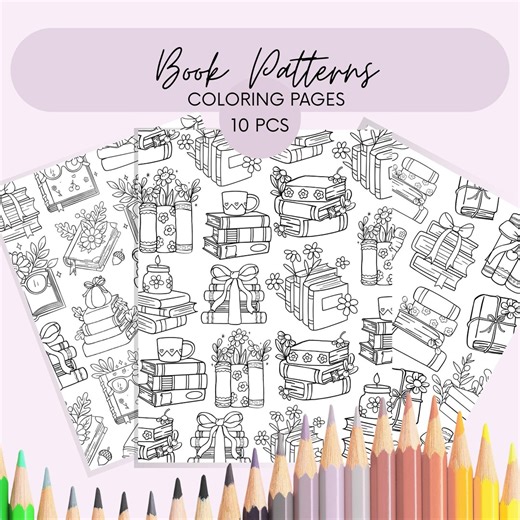 Book Pattern Coloring Pages. Printable PDF for Adults Book Lovers and Bookworm. - Etsy