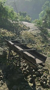 Primitive water supply system from wooden gutters