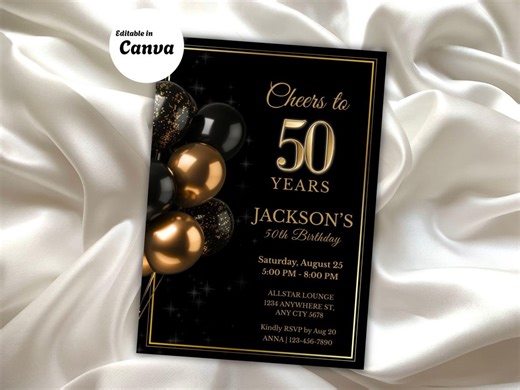 50th Birthday Invitation Black Gold, Elegant 50th Birthday Invite, Adult Birthday Party Invitation, Editable Template, Instant Download - Etsy