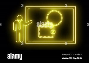 A neon yellow graphic features a figure a wallet under a magnifying glass all within a rectangular frame