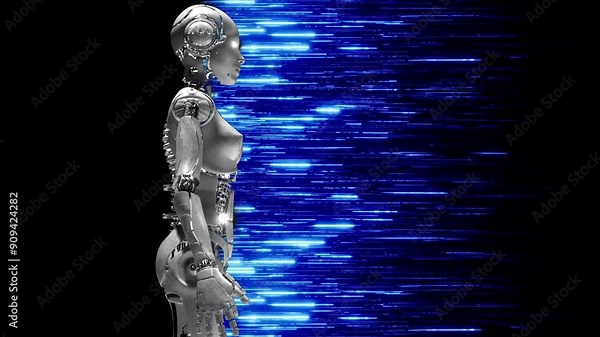 Static animation with ai robot humanoid and flying blue soft laser beams like neural network data information