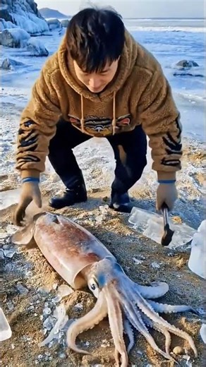 Squid Frozen in ice After storm... then happens🐙❄️