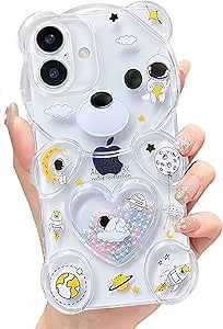 Cute Phone Cases for iPhone 16 Clear with Cartoon 3D Bear Astronaut Space Design Flexible TPU Shockproof Women Girls Kids Kawaii Phone Cover