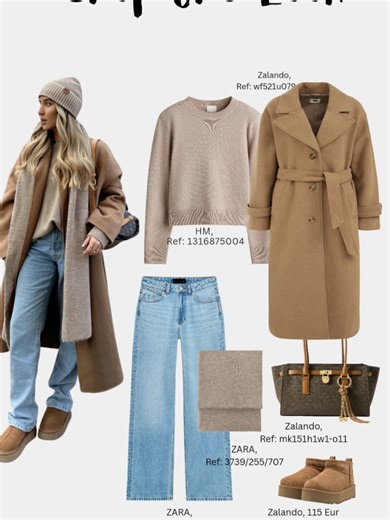 One Camel Coat, Two Vibes. One camel coat styled two ways for winter! First: moody vibes with blue jeans, beige jumper and scarf, brown bag and camel UGGs for ultimate coziness ❄️ Second: black trousers with a beige jumper over a white shirt, white jeans, beige sneakers, and a black bag ✨ Which look is calling your name? 1 (moody) or 2 (fresh)? Tell me below! 👇 #CamelCoat #WinterOutfits #CamelCoatOutfit #NeutralOutfits #OOTD