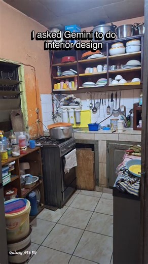 Prompt King on Instagram: "Transform this small, old Indian kitchen into a modern, clean, and functional kitchen. Replace orange and dark walls with light beige and white tones. Add matte white upper cabinets and light wood finish lower cabinets with black minimal handles. Install a black granite countertop, white glossy subway tiles backsplash up to the ceiling, and a modern stainless-steel chimney above the stove. Add warm under-cabinet LED strip lighting and a bright square ceiling LED panel.