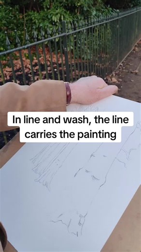 In line and wash, the line carries the painting. I am going to paint these trees in Hyde park using the line and wash technique of watercolour, by which the drawing remains as important as the colour, whereas in classic watercolour the drawing is faint and barely visible, if visible at all. I am drawing with a pencil here, but you could also use pen and ink, for example, coloured pencils, black or brown chalk, charcoal, etc. Depending upon the final effect you desire. Turner did many line and wa