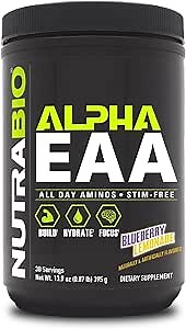 NutraBio Alpha EAA - All-Day Amino Acids for Muscle Growth and Hydration - Essential Amino Acids with Nootropics & Adaptogens- Full Spectrum EAA BCAA Powder - 30 Servings - Blueberry Lemonade