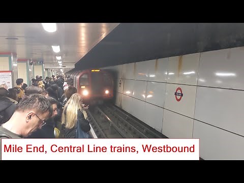 Rush hour Mile End London Underground trains, Central Line, westbound