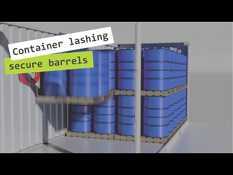 Load Securement in 20'Container: 80 Drums with (R) Lashing Container, three cross straps