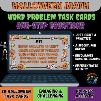Halloween Task Cards | One-Step Equations | Word Problems | Halloween Math