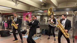 Throwback to our 1st NYC subway performance post(ish) pandemic. Giving the people what they want, tuxedo clad brass band spice girls covers 😂 | Lucky Chops