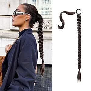 SEIKEA Upgraded Long Braid Ponytail Extension with Elastic Tie Straight Sleek Wrap Around Braid Hair Extensions Ponytail Black Brown 20 Inch (After Braided 16 Inch) 110 Gram