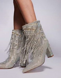 Azalea Wang Relentless embellished fringe heeled ankle boots in silver | ASOS