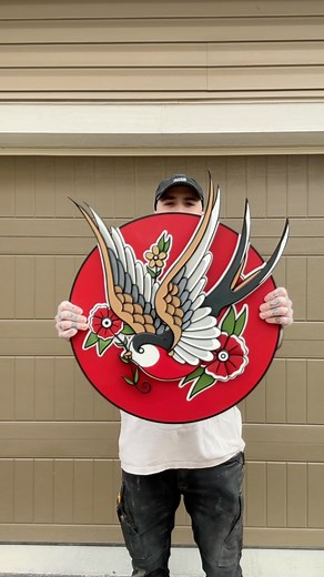 James MacKeigan | Scroll Saw Artist on Instagram: "Start to finish process on an upsized version of the sparrow piece. I definitely prefer making these larger sized pieces. Bonus points to those who can tell me the three parts I forgot to film  This was a commission done for my brother in-law ✌ Painted entirely with @molotowheadquarters Premium paint  #traditionaltattooart #scrollsawart #3Dart"