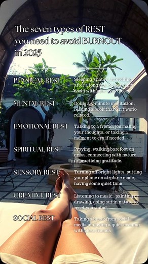 7 Types of Rest Your Body Needs in 2025 ✨ We’re so busy that we often forget the importance of REST. But in 2025, it’s time to prioritize the right kinds of rest for your body and mind: 1️⃣ Physical Rest – A quick nap or stretching to refresh. 2️⃣ Mental Rest – Step away from work, take a 5-min break, or meditate. 3️⃣ Emotional Rest – Talk to a friend or write your feelings down in a journal. 4️⃣ Spiritual Rest – Practice gratitude, connect with nature, or pray. 5️⃣ Sensory Rest – Reduce screen 