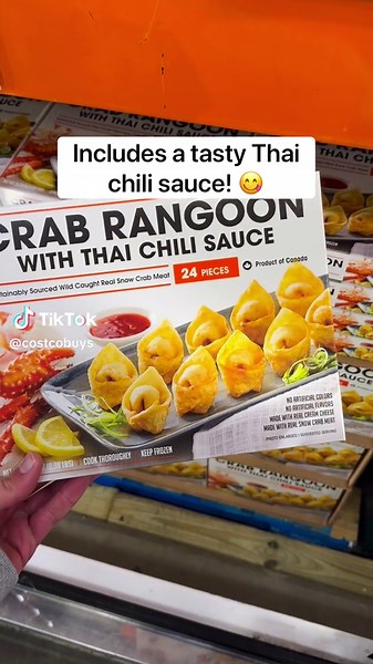 🦀 DELICIOUS Crab Rangoon at Costco! This 24-count box is easy to prepare and includes a tasty Thai chili sauce! 😋 ($12.99) #costco #crabrangoon #crab