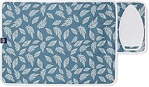 Encasa XO Ironing Mat/Pad (Small 28"x20") with 3mm Padding & Silicone Iron Rest for Steam Pressing on Tabletop or Bed - Heat Resistant, Portable, Quilting & Travel Blanket - Big Leaves Blue