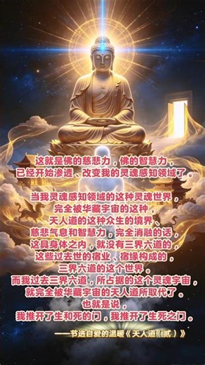 而我过去三界六道，所占据的这个灵魂宇宙，就完全被华藏宇宙的天人道所取代了。也就是说，我推开了生和死的门，我推开了生死之门。 #觉悟者 #圣光宗 #指导灵 #华藏世界 #天道#生死#解脱