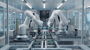 Electronic Devices Production Industry. Fully Automated Modern PCB Assembly Line Equipped with Advanced High Precision Robot Arms at Smart Electronics Factory. Component Installation on Circuit Board.