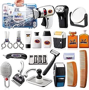 JOYIN 23Pcs Pretend Shaving & Grooming Kit for Kid, Boy Girl Barber Set w/ Storage Box, Toddler Hair Cutting Playset w/ Shaver, Scissors, Dryer, Razors for Boys Birthday, Presents Toys