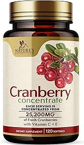 Cranberry Pills Supplement 25,000mg - Fresh Cranberry Equivalent with Vitamin C & E - Urinary Tract Health Support, Sugar Free Formula, Fruit Powder Extract - Non-GMO, Bottled in USA - 120 Capsules