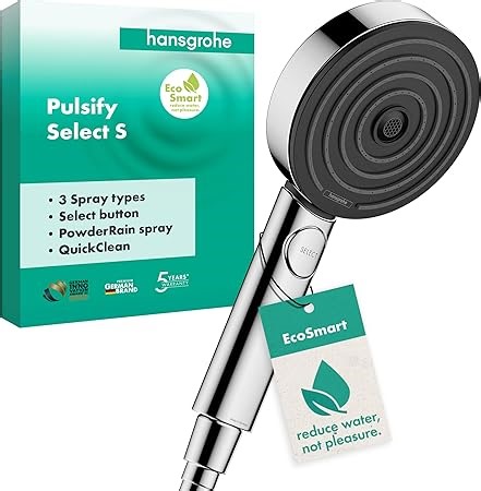 hansgrohe Pulsify Select S - wassersparender Duschkopf 9 l/min (EcoSmart), Handbrause mit 3 Strahlarten (Activation Version), runde Duschbrause (⌀ 105 mm), Sparduschkopf mit Antikalk-Funktion, Chrom