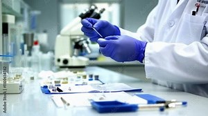 Wide shot of a forensic scientist preparing slides for examination with a background of microscopes and lab equipment blurred.