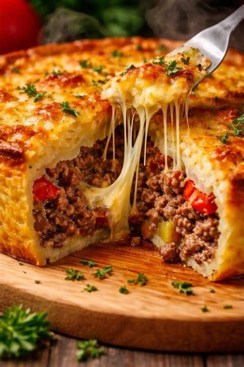 “Just Potatoes + Minced Meat… I Can’t Stop Making This Crispy Cheesy Pie 🤤🔥”