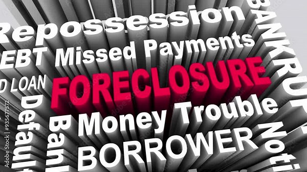 Foreclosure Bank Loan Default House Home Repossession Behind on Mortgage Payments Words Text 3d Animation