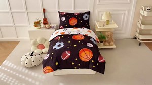 PERFEMET Sports Theme Toddler Boys Bedding Set 4 Pieces Basketball Football Printed Toddler Comforter Set Reversible Design Ball Games Bed in A Bag (Black)