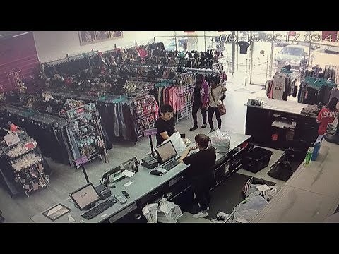 Shoplifters caught on camera stealing clothes from two resale shops