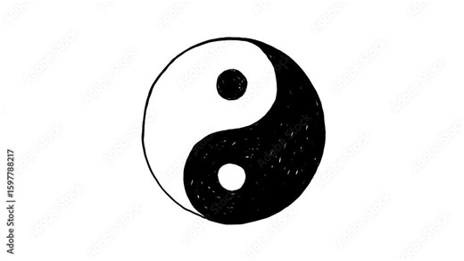 Yin yang sign animation, feng shui, doodle drawing, black and white video 4K, stop motion, loop