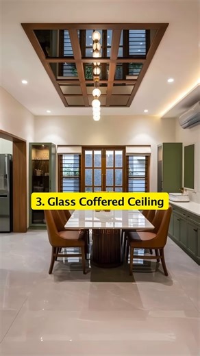 SREEKA INTERIORS on Instagram: "Dining Area Ceiling Design Concepts – Indian Homes 1. Curved Coffered Ceiling Designed with soft radial curves to enhance spatial flow, this ceiling introduces elegance through layered coffers, creating visual depth while maintaining symmetry and balance. 2. Geometric Coffered Tray Ceiling A structured composition of sharp geometric forms combined with tray detailing, offering a contemporary aesthetic with precise alignment and proportional detailing. 3. Glass Cof