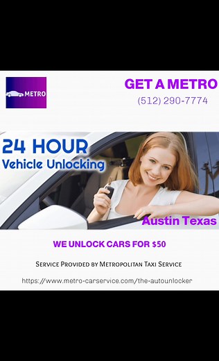 The AutoUnlocker by Metropolitan Taxi Service Affordable 24-Hour Car Lockout Services in Austin, TX Locked out of your vehicle? The AutoUnlocker provides fast, professional car unlocking services throughout Austin and surrounding areas. We understand how stressful a vehicle lockout can be, which is why we're committed to getting you back on the road quickly and affordably. Our Services Vehicle Unlocking Starting at $50 We specialize in unlocking all types of vehicles: Cars Starting at $50 Trucks