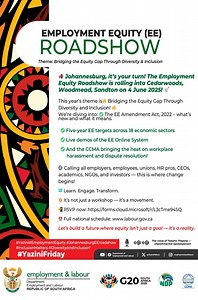  #EmploymentEquity Roadshow lands in #Johannesburg on 4 June 2025! Theme: Bridging the Equity Gap Through Diversity & Inclusion  Cedarwoods, Woodmead, Sandton  For HR, unions, employers & more  RSVP: https://forms.cloud.microsoft/r/L3cTme94SQ  Full schedule: www.labour.gov.za #EmploymentEquity #Yazini#GovZAUpdates | Department of Employment and Labour | Facebook