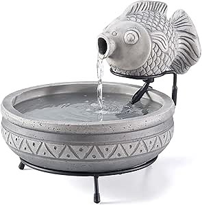 Smart Solar Marin Elegant Cement Fish Solar-Powered Fountain with 10' Cable, Charming Fish Outdoor Solar Garden Fountain, Gray