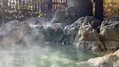 Sunlight filters through steam rising from a rocky natural hot spring...