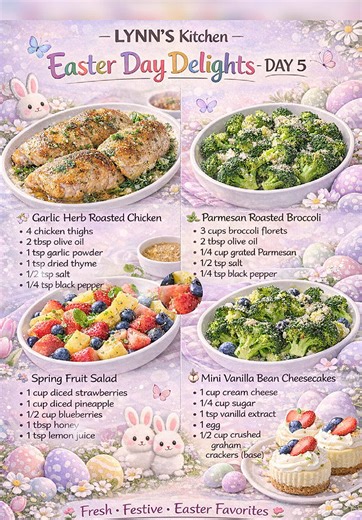 Hop into Easter with Day 5 delights! 🐣💛 Four colorful dishes perfect for your holiday table: Garlic Herb Roasted Chicken, Parmesan Roasted Broccoli, Spring Fruit Salad, and Mini Vanilla Bean Cheesecakes. Family-friendly, fresh, and festive — your Easter feast just got easier! 🌷✨ Recipe and instructions in the comment 👇 #EasterDayDelights #LYNNSKitchen #EasterRecipes #SpringCooking #HolidayMeals