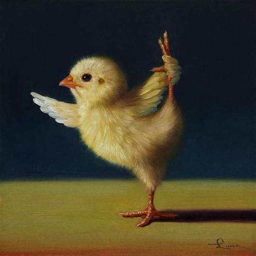 Happy #WorkoutWednesday — this week is all about balance, on the mat and off! 🧘‍♂️✨ This one is 8”x8” – Yoga Chick – Standing Bow Pulling . . . . . . . . . . . . #luciaheffernan #yoga #yogachick #fitness #gym #workout #chicken | Lucia Heffernan