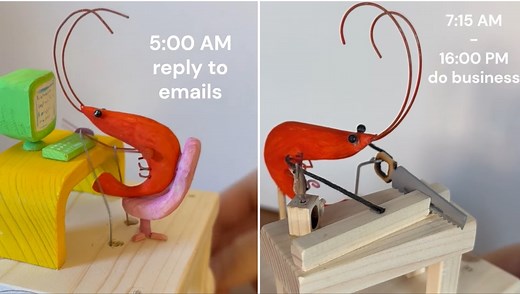 A Whimsical Series of Wooden Shrimp Automata Going About Their Busy Daily Routine