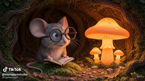 Tiny Mouse Engrossed in Reading a Book