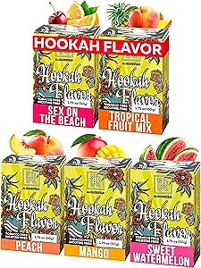 Tropical Hookah Flavors Set - 5 x 50g Hooka Flavor for your Bowl (Sex on the beach - Tropical fruit mix - Mango - Peach - Sweet watermelon) Hookah Bundle Pack of 5 - Try these Tobacco Free Shisha