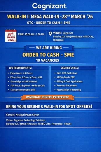 Cognizant Mega Walk-in 2026 🔥 | OTC Order to Cash SME Jobs | Hyderabad Hiring | 19 Vacancies #job