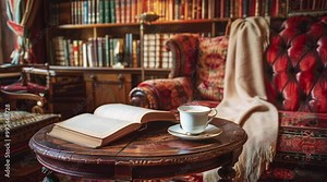 Cozy sofa with a book and cup of tea in a warm library room creating a perfect reading atmosphere Seamless looping 4k time-lapse virtual video animation Generated AI